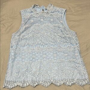 Elegant Lace Sleeveless Top Light Blue Dress Shirt Work Shirt Classy